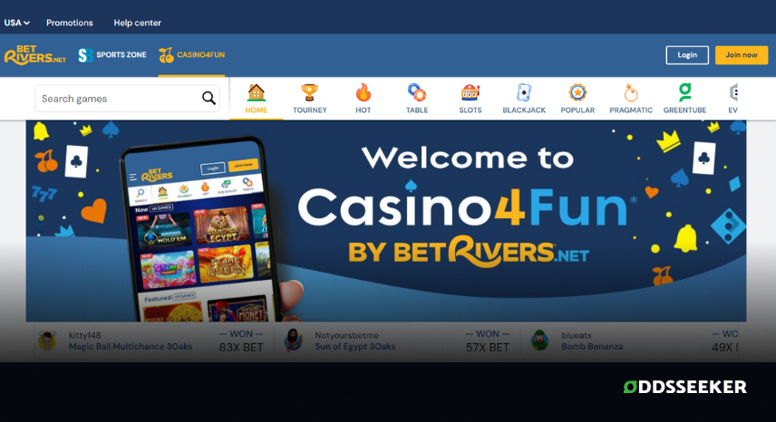 A screenshot of the desktop login page for Rivers Casino4Fun